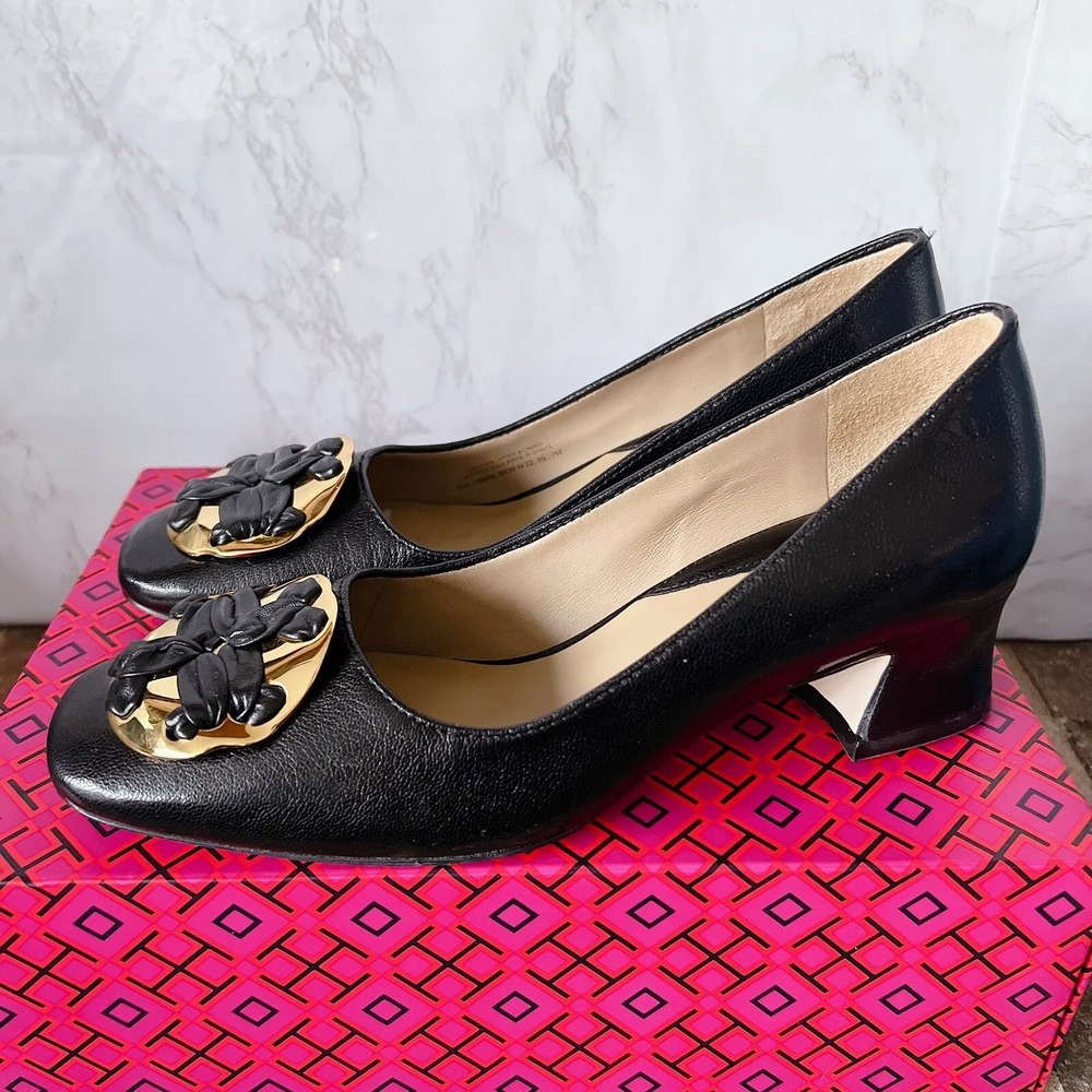 Tory Burch Woven Double T Pump 45 mm Heel Black Leather Womens US 7